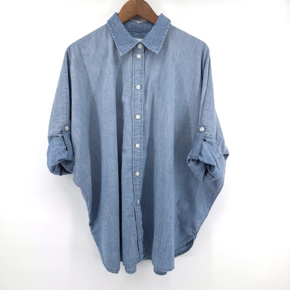 American Eagle Button Down Women S Blue Oversized Chambray Denim Shirt Coastal